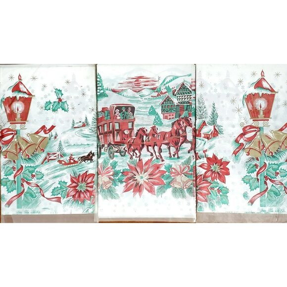 3 VTG Plastic Christmas TableCloths Cover Horse Sleigh Bells Poinsettia Holiday - Picture 2 of 9